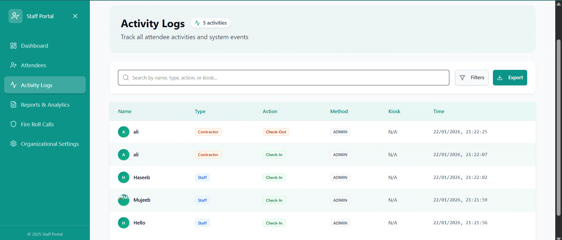 Visent (Visitor Management System) – Activity Logs