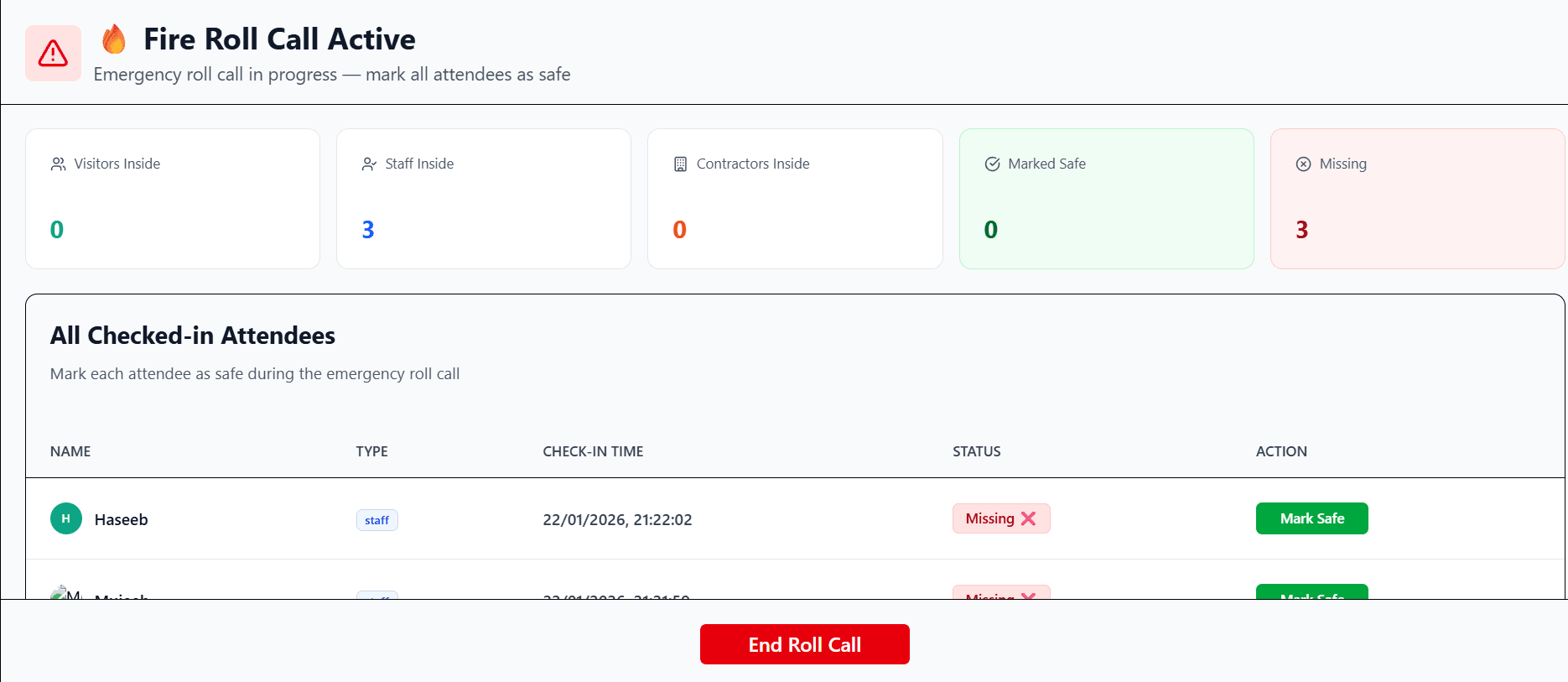 Visent (Visitor Management System) – Fire Roll Call Page
